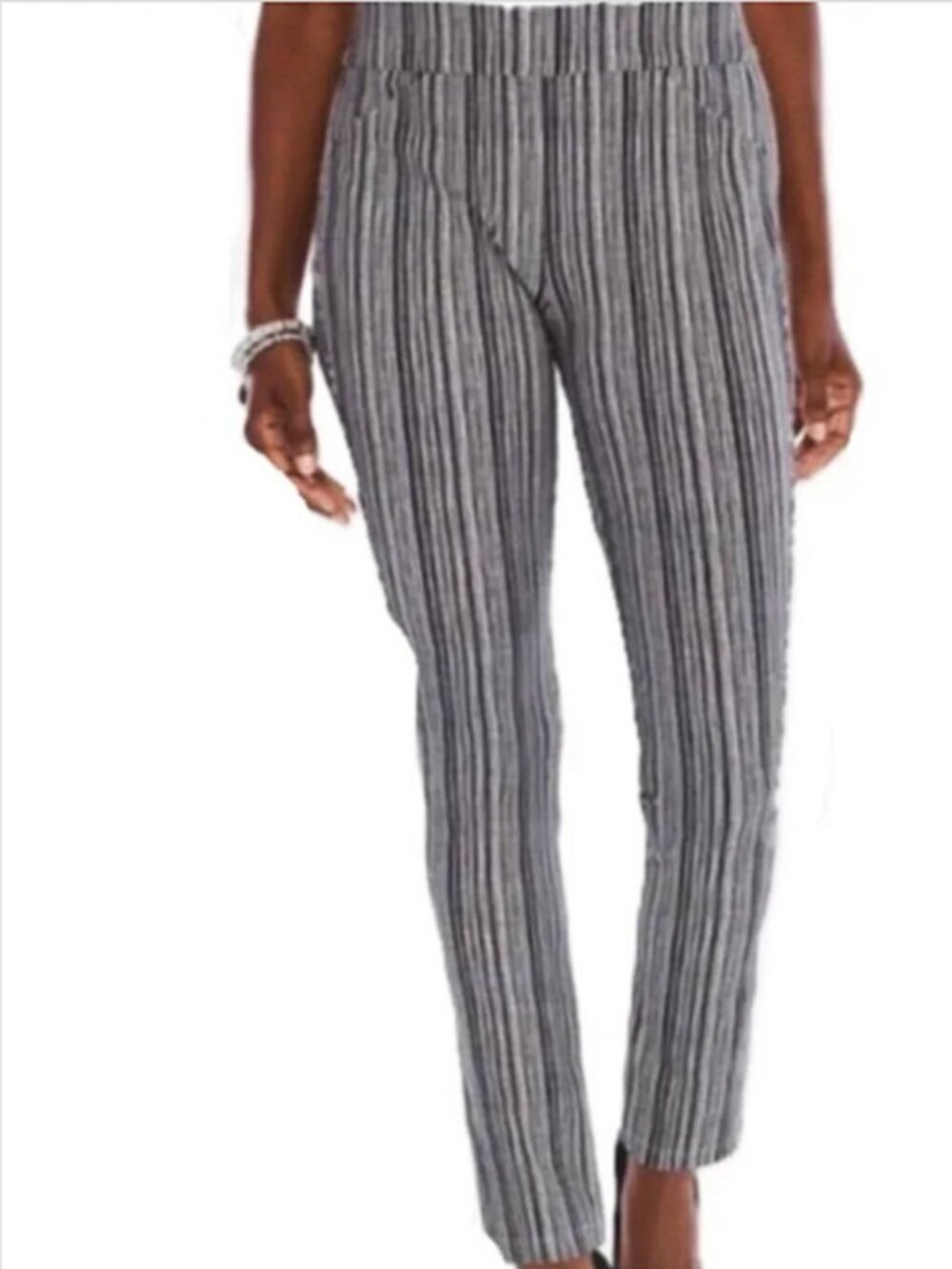 Chico's Travelers Stretchy Striped Cropped Pants Black White Pull On size 3